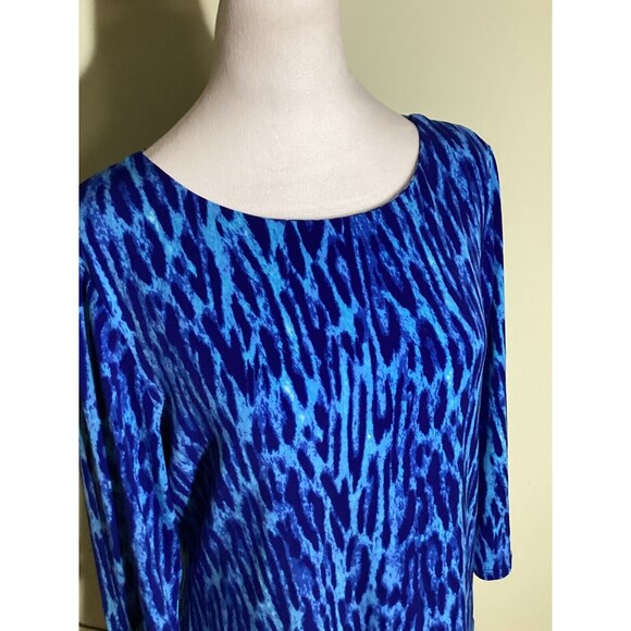Carmen Marc Valvo Size L Blue Teal Animal Leopard Print 3/4 Sleeve Pullover Top - Picture 2 of 7